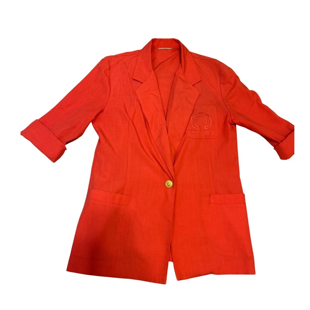 90s 80s coral oversized blazer 3/4 sleeves powersuit gold button crest pocket